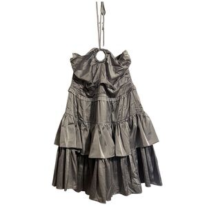 LaBiz Metallic Silver/Gray Tiered Sleeveless Halter Mini Cinched Dress